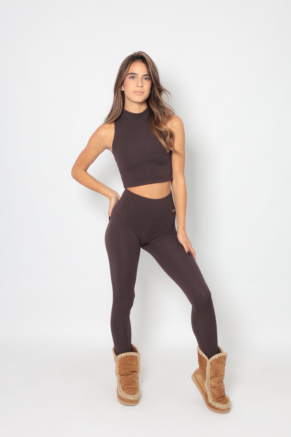 COORD. PIQUET LEGGINGS & CANOTTA COLLO MARRONE